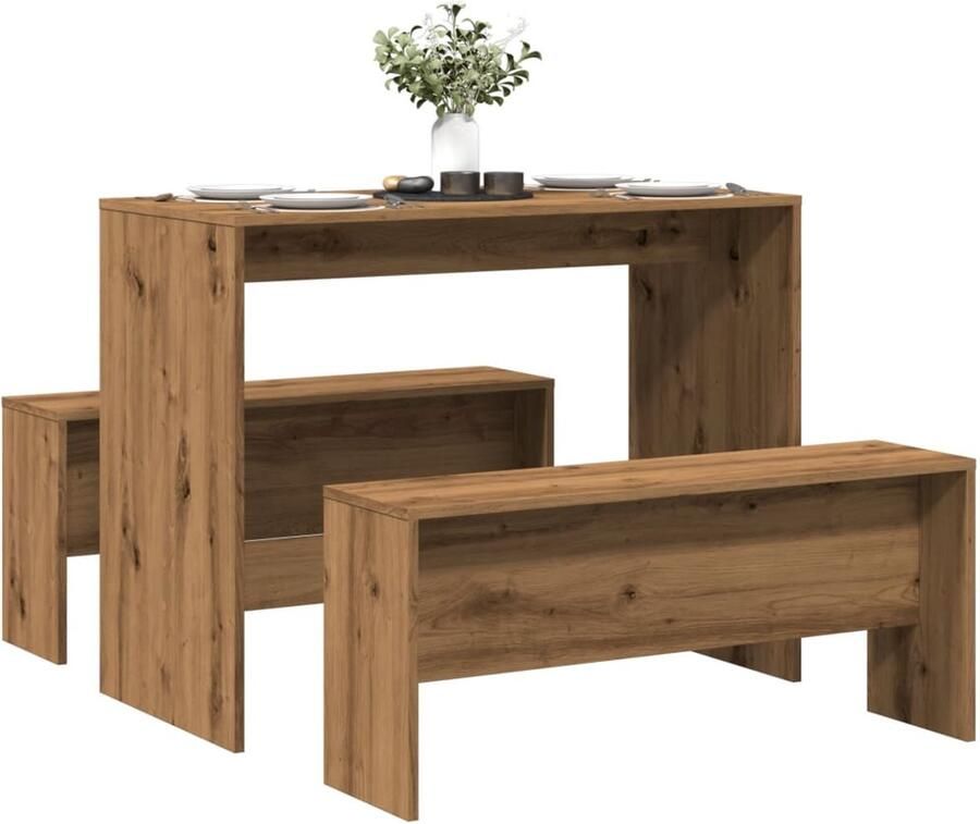 VidaXL Eettafel en Bankenset 3-delig Eikenhout Eetkamerset Eetkamersets Eetkamer Set Keukenset
