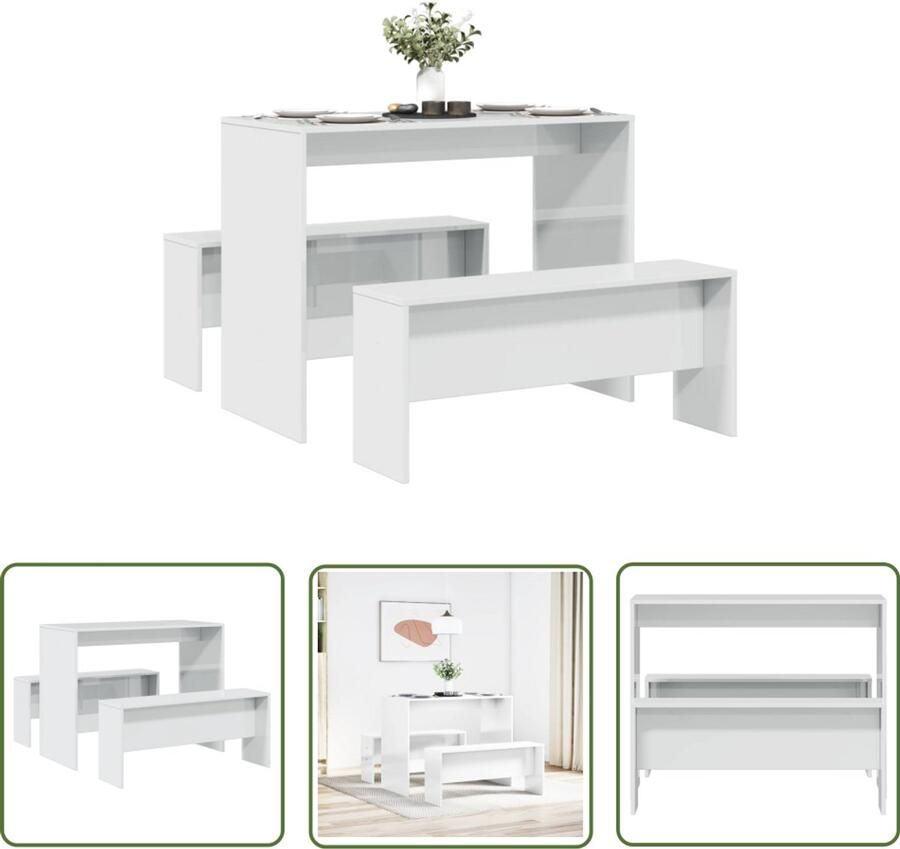 The Living Store 3-delige Eettafel en bankenset bewerkt hout hoogglans wit Eetkamerset Houten Eettafel Witte Eettafel Set Bankje