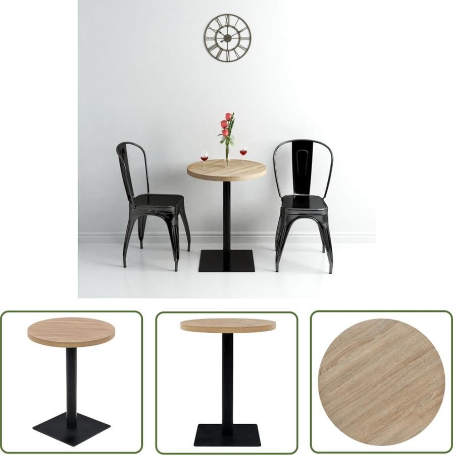 The Living Store Bistrotafel Eiken 60 x 75 cm MDF en staal Bistortafel Eetkamertafel Buitentafeltje Terrastisch Cafetafel Tuinmeubel Mdf Tafellaag Metalen Onderstel Ronde Tafel Kleine Tafel Beige Meubilair