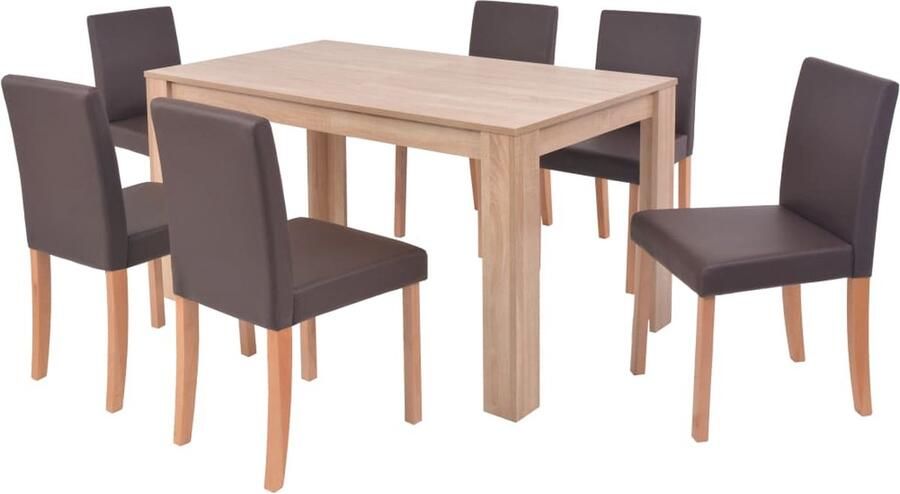 The Living Store Eettafelset Bruin 140 x 80 x 75 cm Tafel van spaanplaat met eikenhouten afwerking Stoelen van kunstleer en beukenhout Eetkamerstoel Eettafel Salontafel Bruine Meubels Houten Meubels