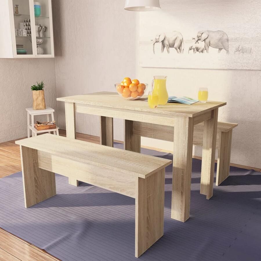 VidaXL Eettafel Set 3-delig Eikenkleurig Eetkamerset Eettafel Houten Meubels Eiken Meubilair Bruine Meubels Moderne Eettafels Salontafel Bankje Dining Chairs Living Room Furniture - Foto 2