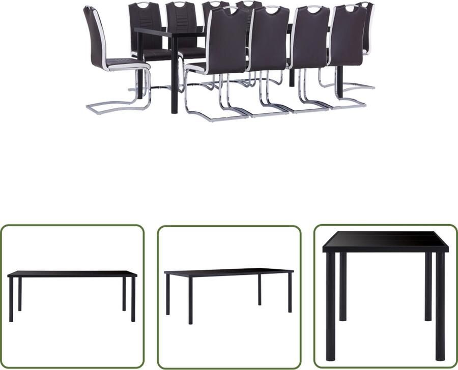 The Living Store Eettafelset Zwart Gehard glas en metaal 200 x 100 x 75 cm 10x comfortabele eetkamerstoelen Bruin kunstleer Eetkamerset Eettafel Set Eetsalon Modern Meubilair Bruine Eetkamerstoel