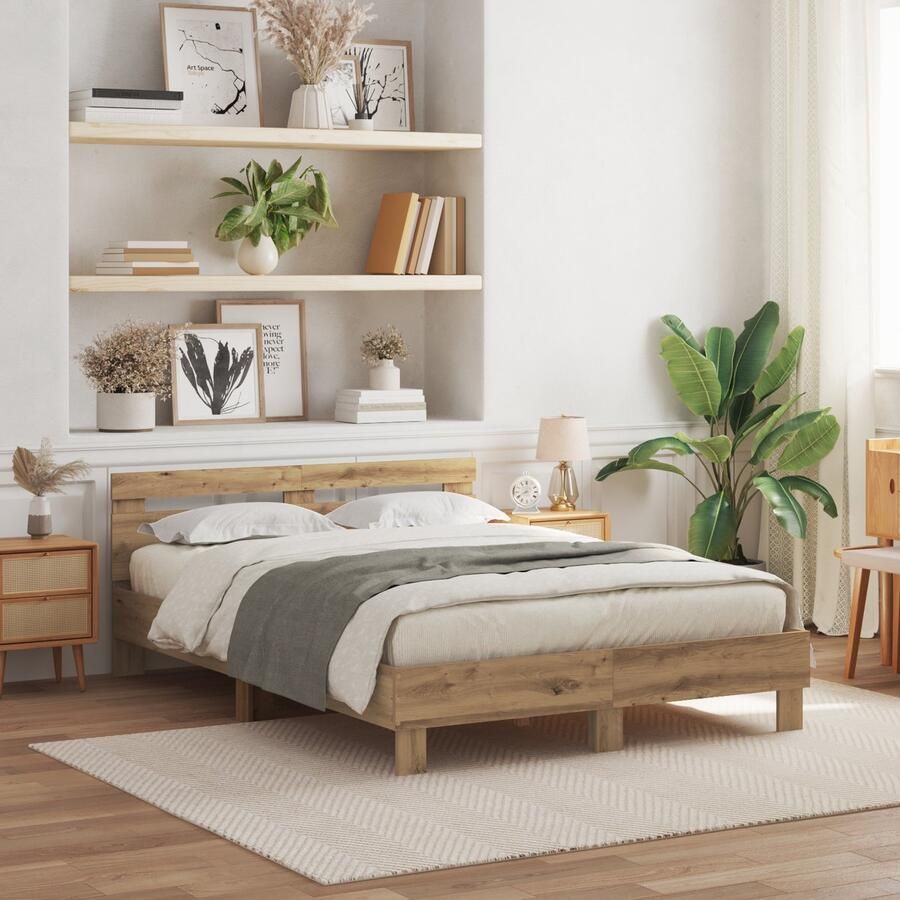 VidaXL Bedframe artisanaal eikenkleurig 150 x 200 cm Bewerkt hout - Foto 3