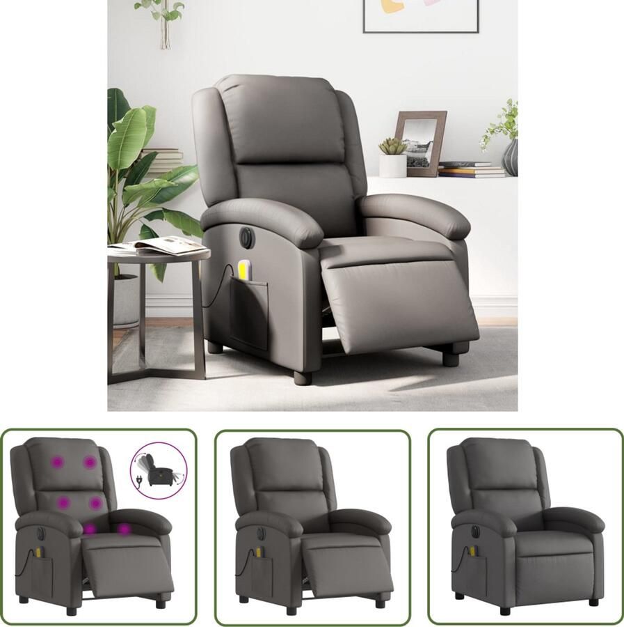 VidaXL Elektrische Fauteuil Massagestoel verstelbaar elektrisch echt leer grijs Lederen Stoel Loungestoel Relaxstoel