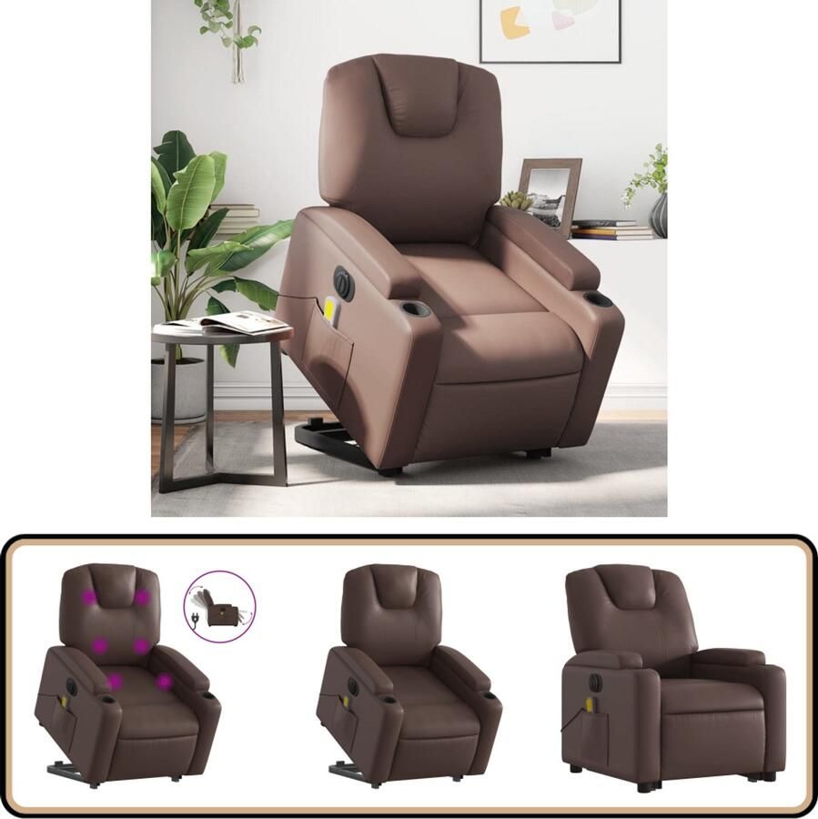 VidaXL Elektrische Massagestoel Bruin Kunstleer Elektrische Massagestoel Sta-opstoel Massagerugkussen Relaxfauteuil Loungestoel