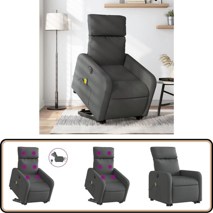 VidaXL Elektrische Sta-op Massagestoel Donkergrijs Stof Elektrische Massagerstoel Sta Op Stoel Ergonomische Stoel Relaxfauteuil Lounge Stoel