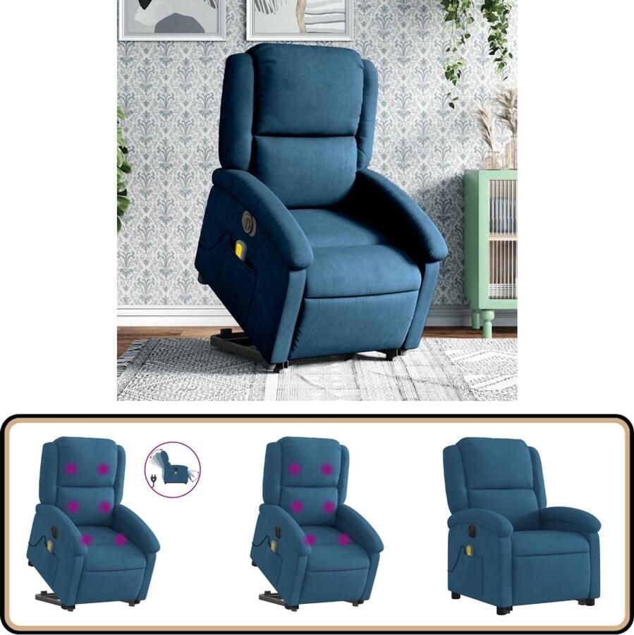 VidaXL Elektrische Sta-op Massagestoel Fluweel Blauw Elektrische Massagerstoel Sta Op Stoel Massagefauteuil Ergonomische Stoel Relaxstoelen