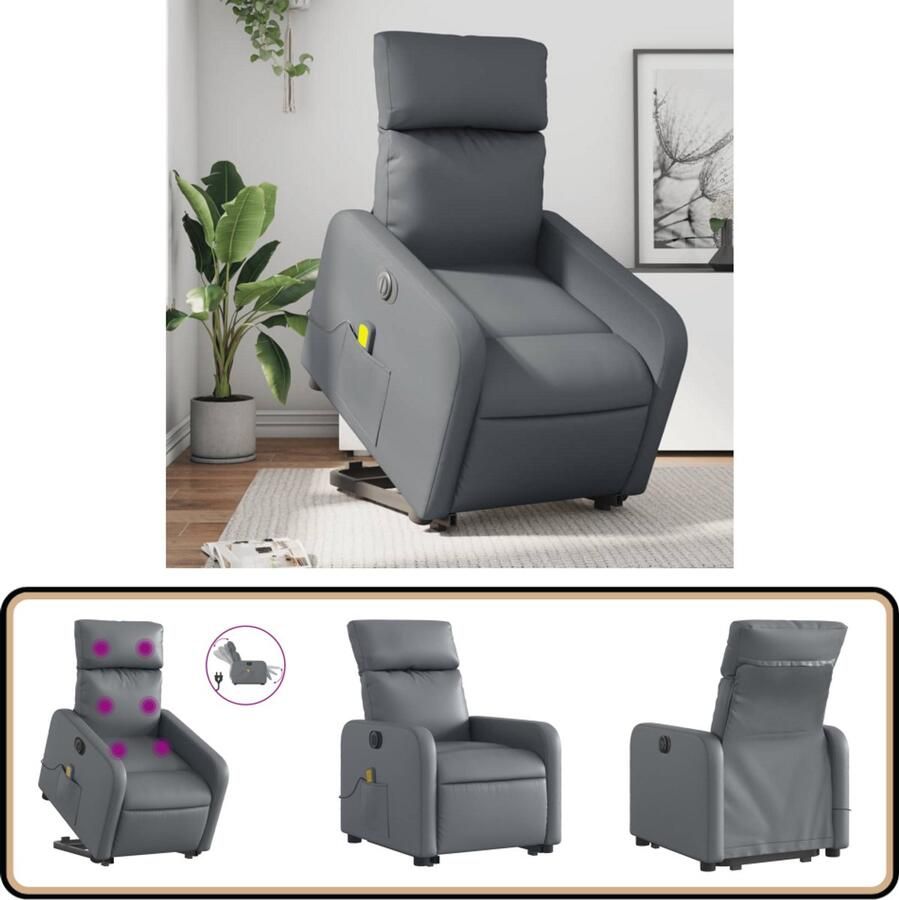 VidaXL Elektrische sta-op massagestoel Grijs kunstleer Elektrische Stoel Massageruimte Loungestoel Sta-op Stoel Massagefauteuil