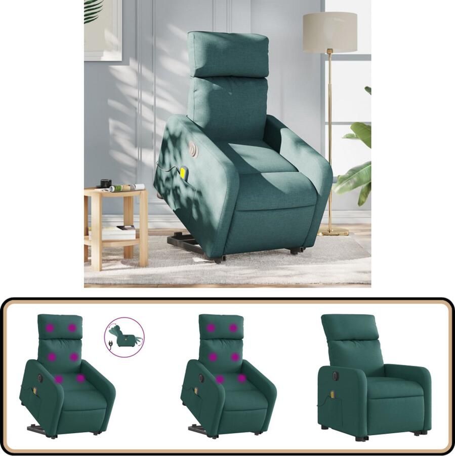 VidaXL Elektrische Sta-op Massagestoel Stof Donkergroen Elektrische Stoel Sta-opstoel Massagerugkussen Ergonomische Stoel Relaxfauteuil