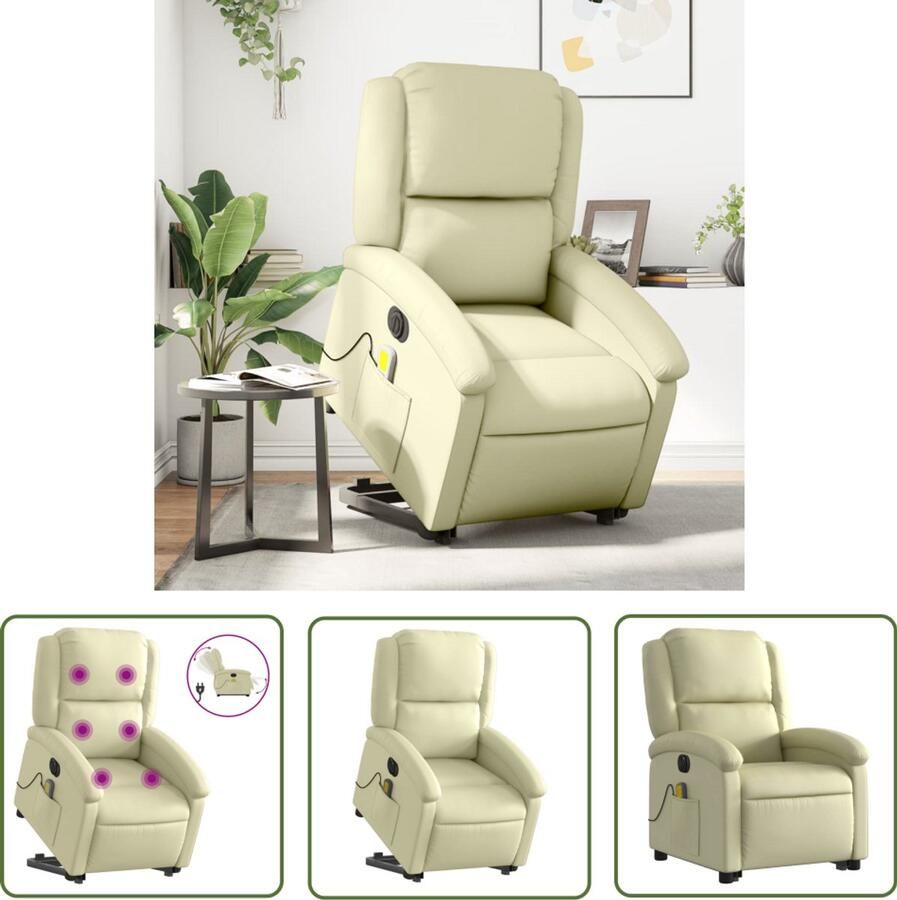 The Living Store Sta-op-massagestoel elektrisch echt leer crèmekleurig Elektrische Massagestoel Sta-opstoel Lederen Fauteuil Ergonomische Stoel Relaxfauteuil