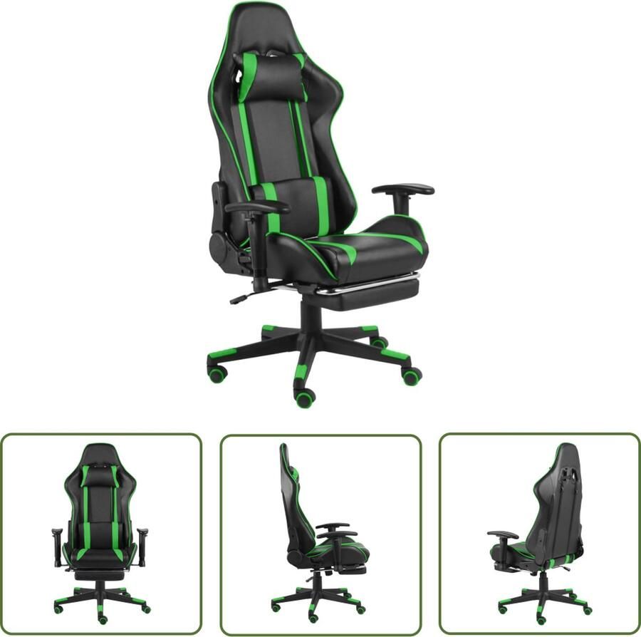 The Living Store Gamingstoel Luxe Hoge rugleuning Ergonomisch Verstelbaar Uittrekbare voetensteun Zwart Groen Metaal PVC 68x69x(123-133)cm Belastbaar tot 110kg - Foto 2