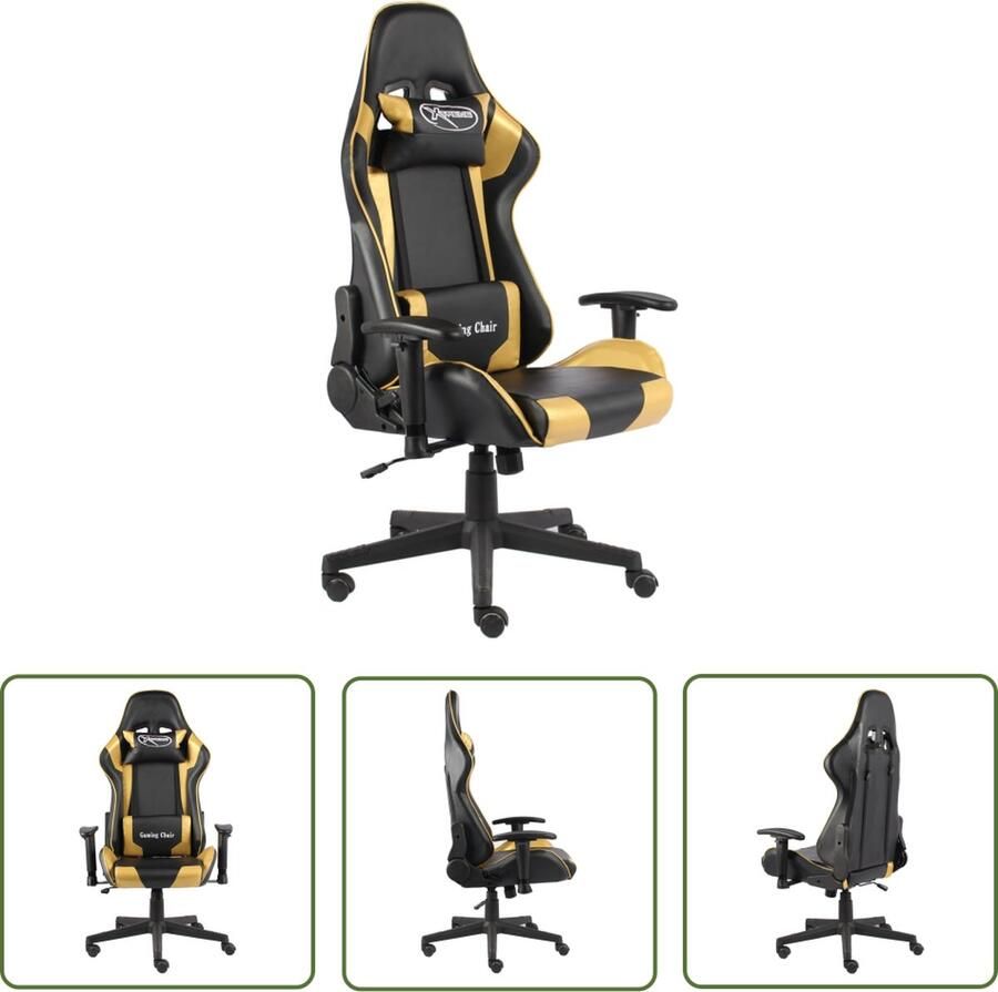 The Living Store Gamingstoel Luxe Hoge rugleuning Ergonomische zitting Verstelbaar Wieltjes Goud en zwart Metaal PVC 68x69x(123-133)cm Gamingstoel Ergonomische Stoel Bureaustool Pc Stoel Racecar Stoel - Foto 2