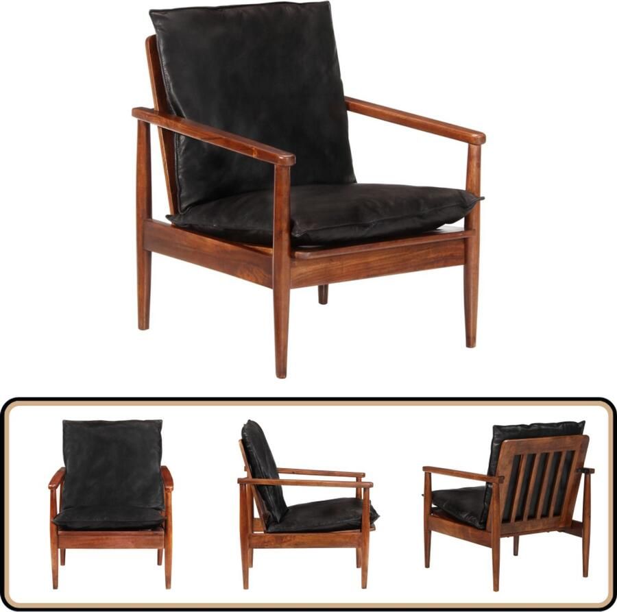 VidaXL Fauteuil Echt Leer Acaciahout Zwart Fauteuil Fauteuils Enkele Fauteuil Leren Fauteuil