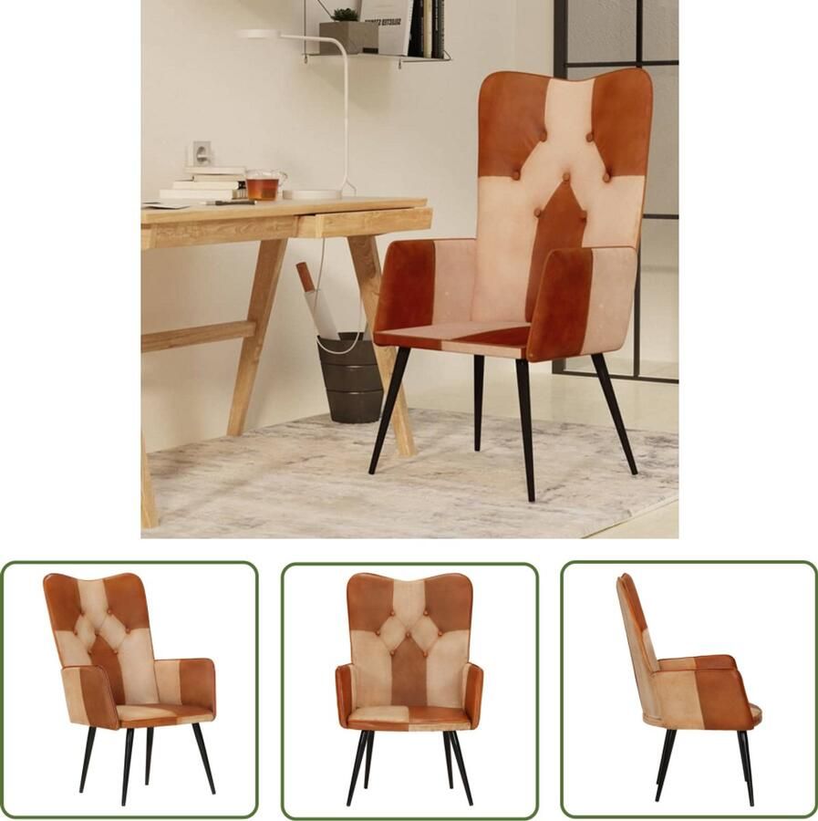 VidaXL Fauteuil Echt Leer Bruin en Crèmekleurig Fauteuil Lederen Fauteuil Design Fauteuil Bruine Fauteuil Creme Fauteuil