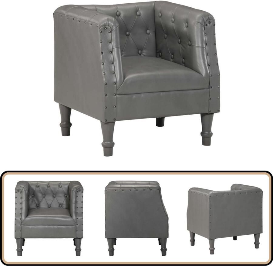 VidaXL Fauteuil Echt Leer Grijs Mangohout Frame Retro Fauteuil Lederen Fauteuil Grijs Vintage Fauteuil Mangoholzfauteuil
