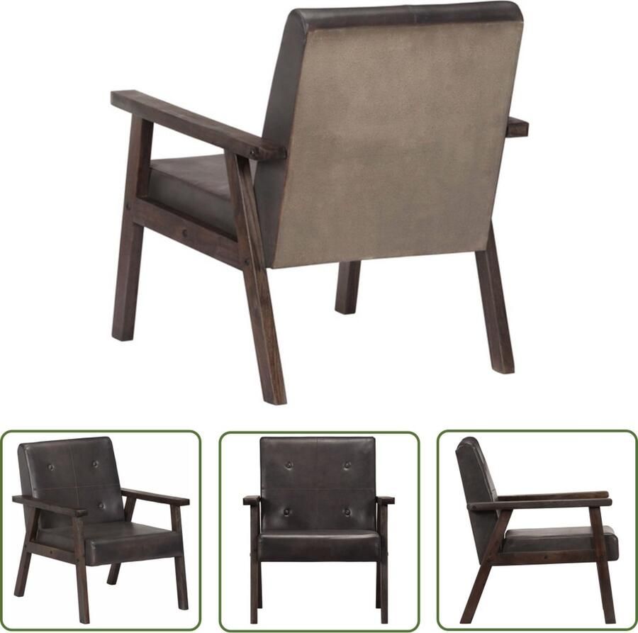 The Living Store Fauteuil Echt Leer Grijs 61x70x74 cm Massief Acaciahout Lederen Fauteuil Designfauteuil Lounge Stoel Woonkamer Meubels Comfortabele Stoel
