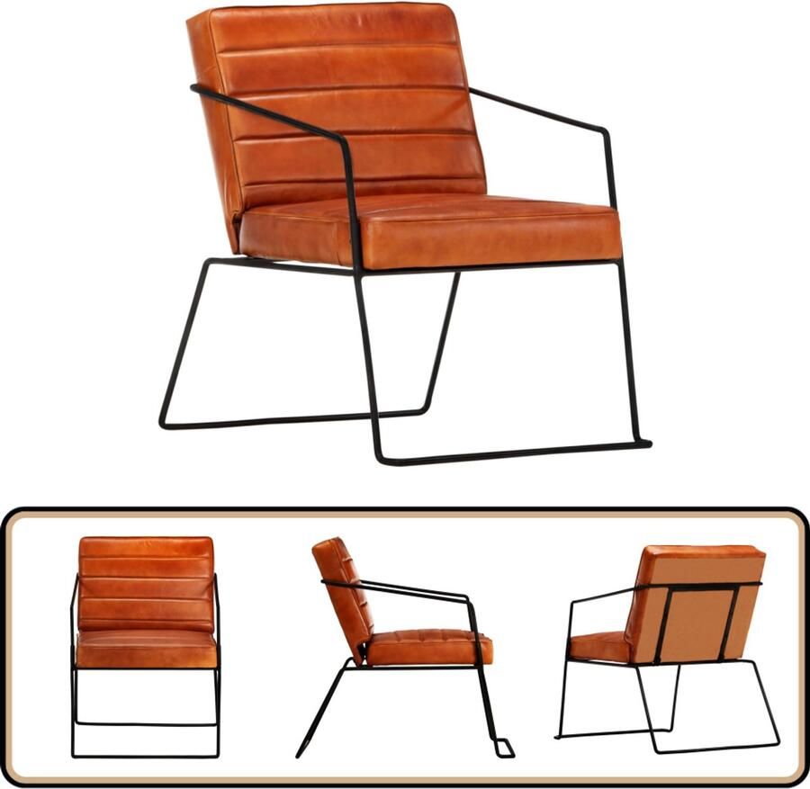 VidaXL Fauteuil Echt leer Tan en zwart Stijlvol Lederen Fauteuil Industrieel Fauteuil Bruine Fauteuil Voor Woonkamer Ergonomische Fauteuil