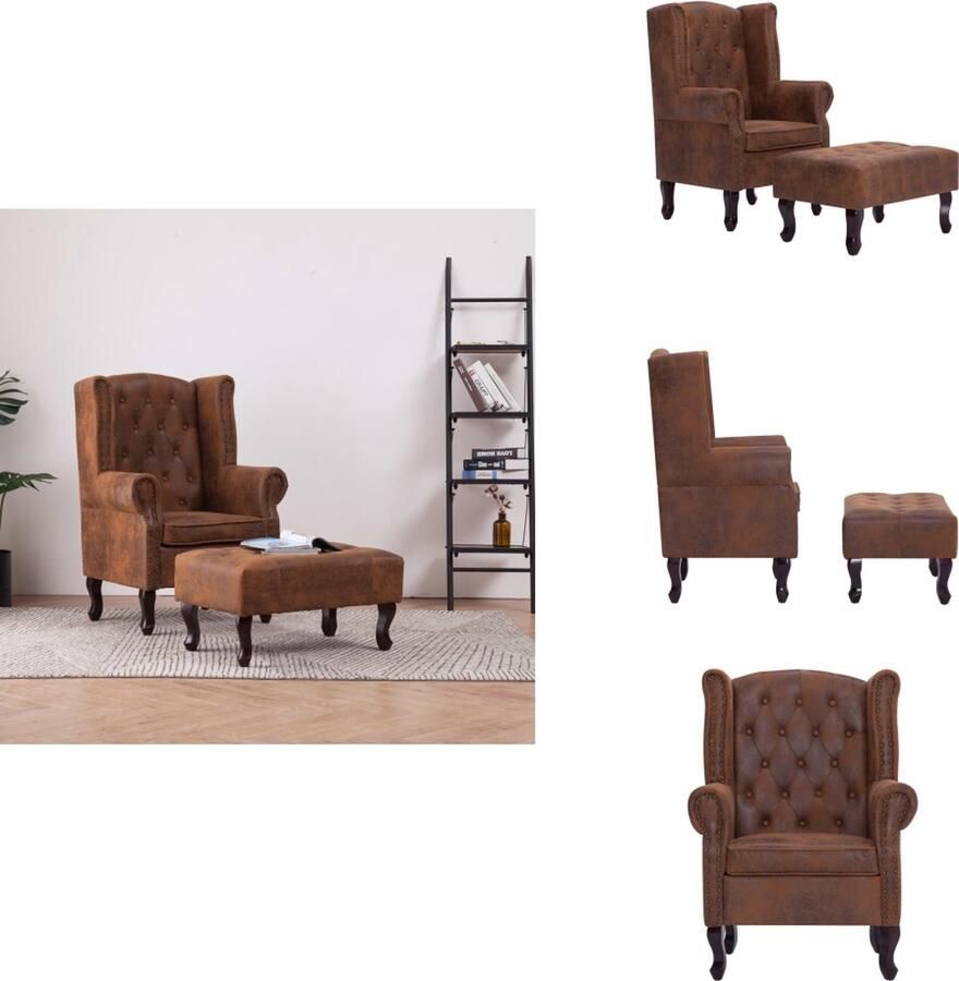 VidaXL Fauteuil En Kruk Fauteuils En Krukken Stoel Stoelen Fauteuil en voetenbank Chesterfield-stijl kunstsuède bruin