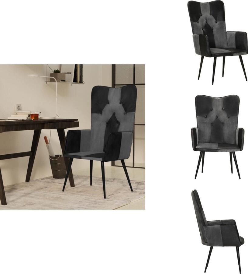 VidaXL Armstoel Hoogwaardig Fauteuil Afmeting- 55 x 41 x 97 Kleur- Zwart en grijs Materiaal- Echt leer canvas en gepoedercoat ijzer Fauteuil