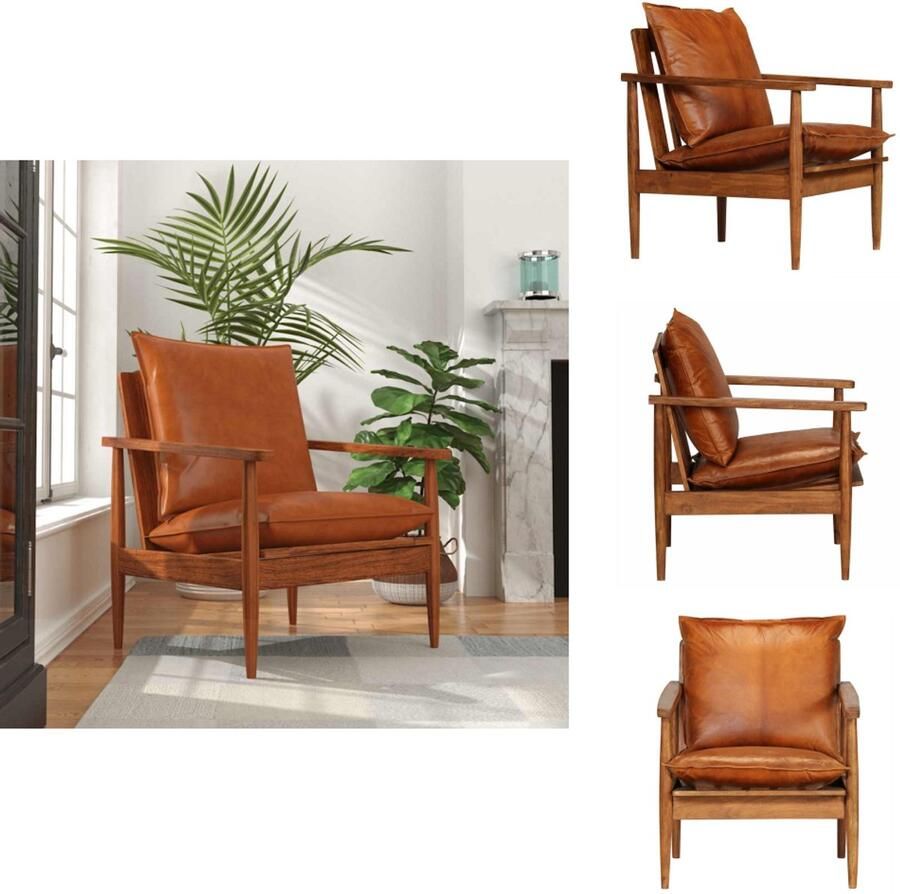 VidaXL Fauteuil Armstoel 66x69x74 cm Acaciahout met sheesham-afwerking Bruin leer Fauteuil