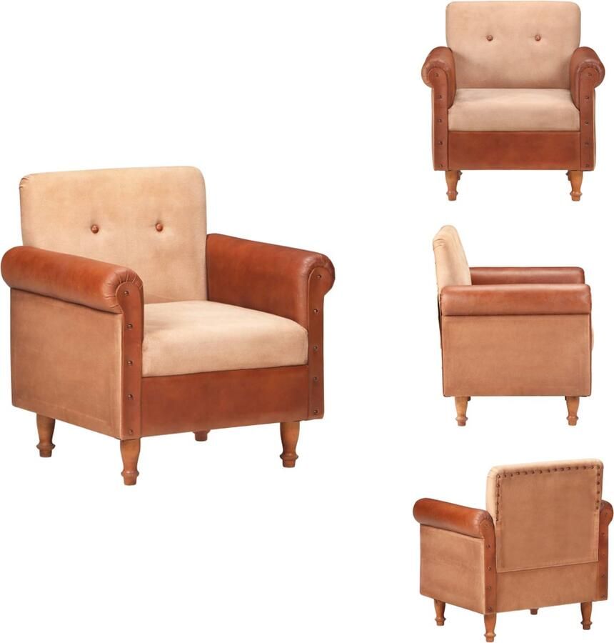 VidaXL Fauteuil Fauteuils Kuipstoel Kuipstoelen Kuipstoel echt leer en canvas bruin