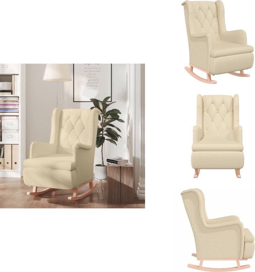 The Living Store Fauteuil met massief rubberwood schommelpoten stof crèmekleurig Trendy Fauteuil Moderne Fauteuil Fauteuils Creme Lederlook Fauteuil Relaxfauteuil - Foto 3
