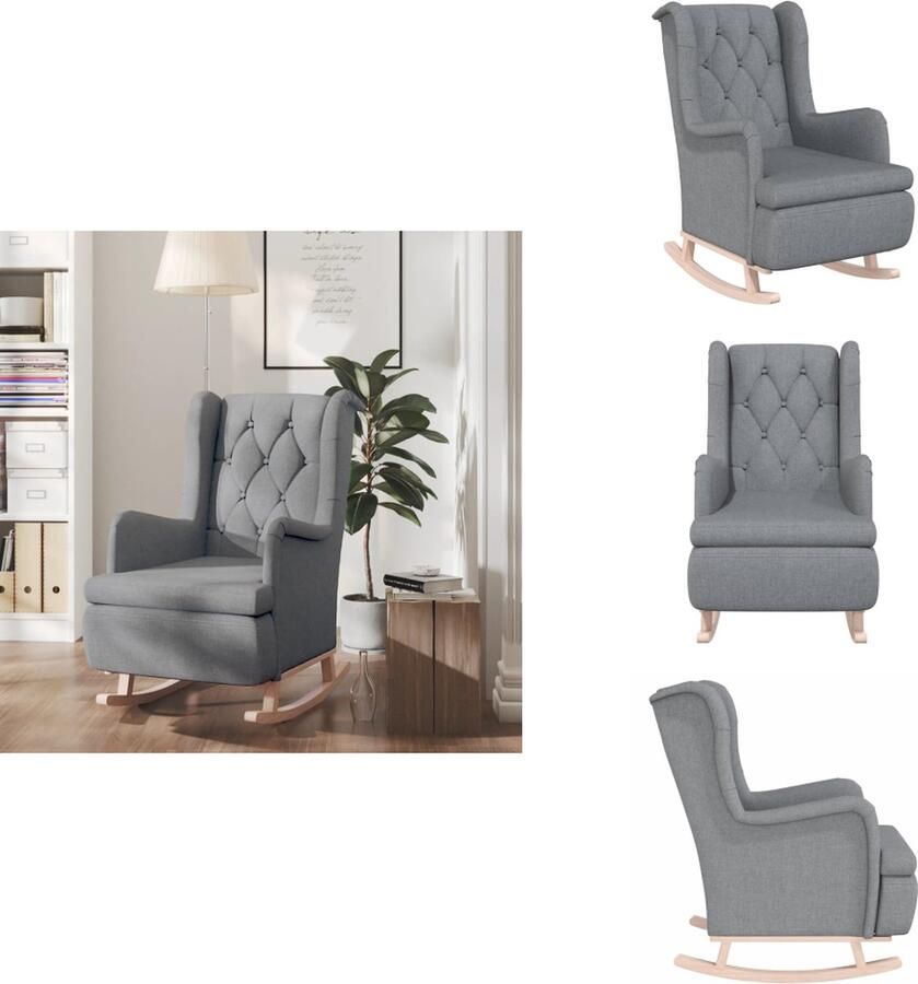 VidaXL Fauteuil Fauteuils Schommelstoel Relaxstoel Fauteuil met massief rubberwood schommelpoten stof lichtgrijs