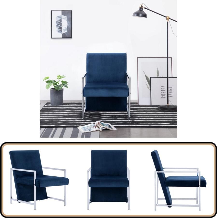 VidaXL Fauteuil Fluweel Blauw Chromen poten Fauteuil Loungestoel Stoffen Fauteuil Blauwe Fauteuil Elegante Fauteuil Comfortabele Fauteuil Vintage Fauteuil - Foto 2