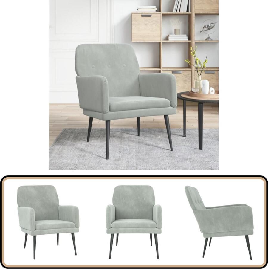 VidaXL Fauteuil Fluweel Lichtgrijs 62x79x79 cm Fauteuil Fauteuils Armstoel Ligstoel - Foto 2