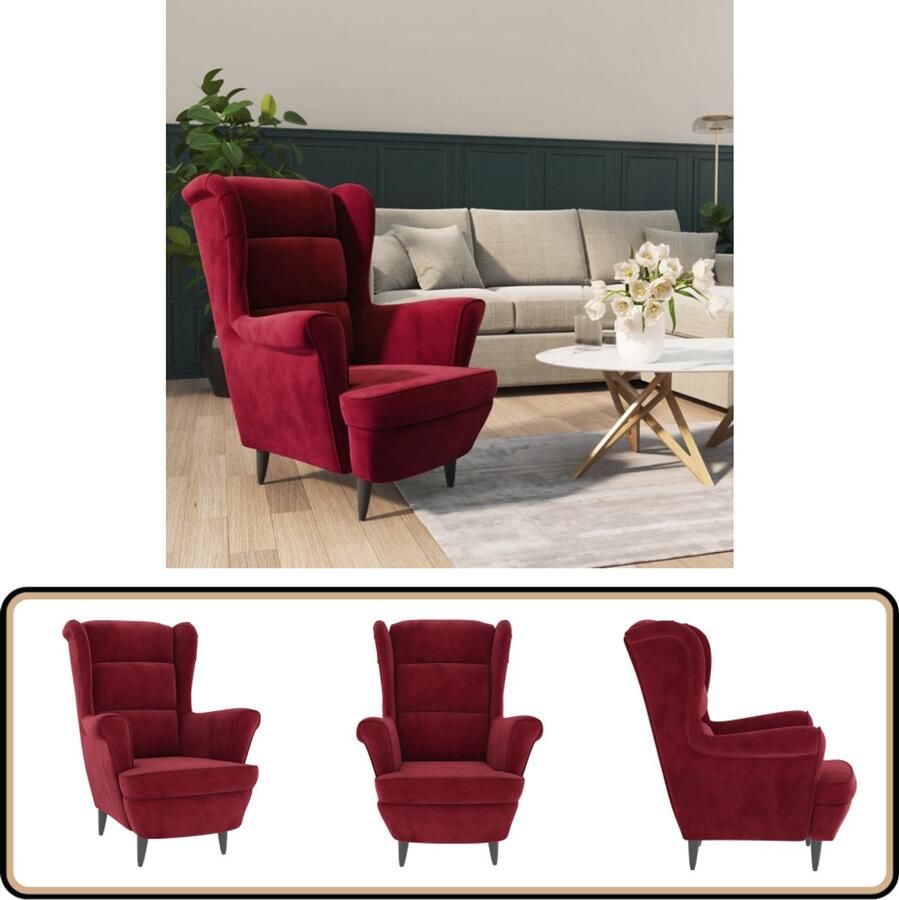 VidaXL Fauteuil Fluweel Wijnrood Luxe Comfort Fauteuil Velvet Rode Stoel Comfortabele Stoel Lounge Stoel Vintage Fauteuil Luxe Fauteuil Woonkamer Meubels Vloerkleden Decoratieve Kussens Interieurstijl Landelijk