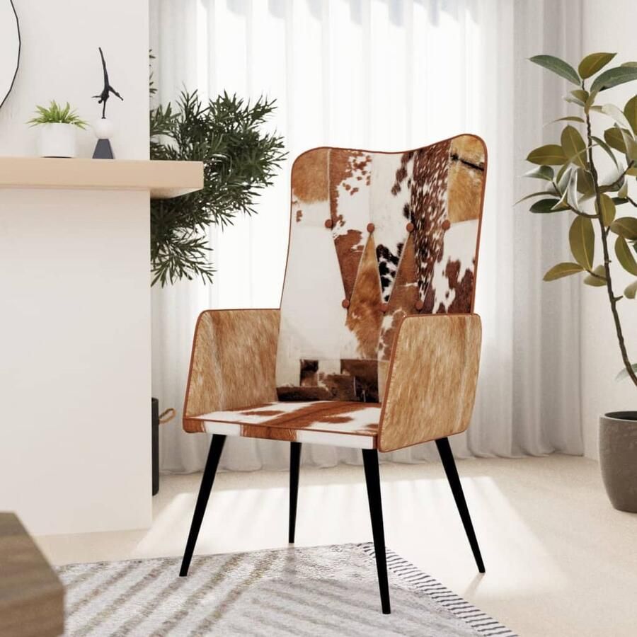 VidaXL Fauteuil Harig Echt Leer Bruin & Wit Fauteuil Lederen Fauteuil Leren Stoel Design Fauteuil Lounge Stoel Relaxfauteuil Leesfauteuil Vintage Fauteuil