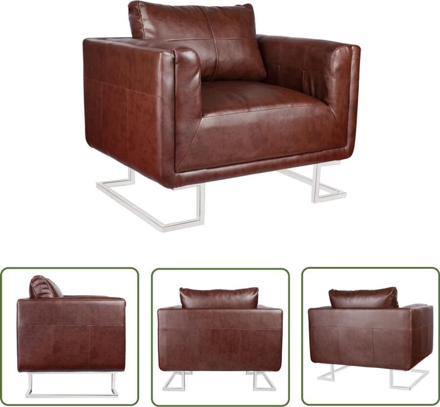 VidaXL Fauteuil Kunstleer Bruin Verchroomde poten Fauteuil Lederlook Kubusstoel Fauteuiltjes Lounge Stoel Eetkamerstoelen Vintage Fauteuil Design Fauteuil Leren Fauteuil