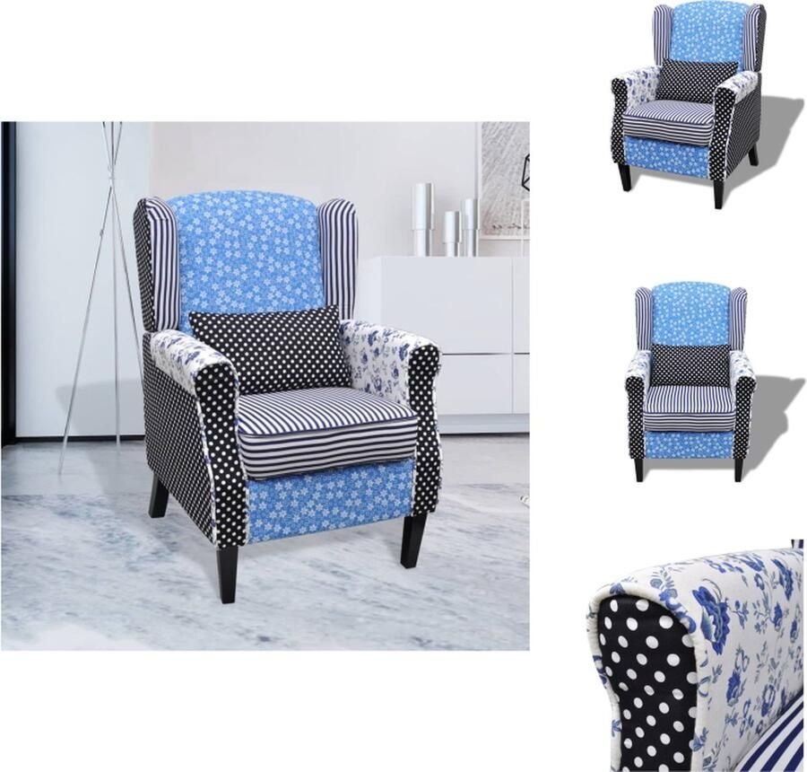 VidaXL Fauteuil Landelijk Blauw Wit Patchwork 68x73x101 cm Houten frame Fauteuil - Foto 2