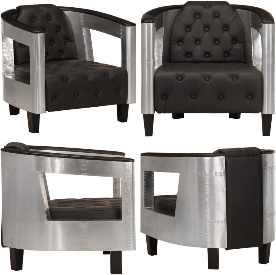 VidaXL Fauteuil luchtvaartstijl echt leer zwart Fauteuil Fauteuils Relaxbank Relaxbanken