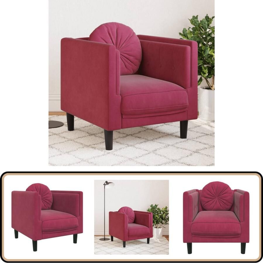 VidaXL Fauteuil met kussen Fluweel Wijnrood Fauteuil Fluweel Lounge Designstoel Woonkamerdecoratie - Foto 3