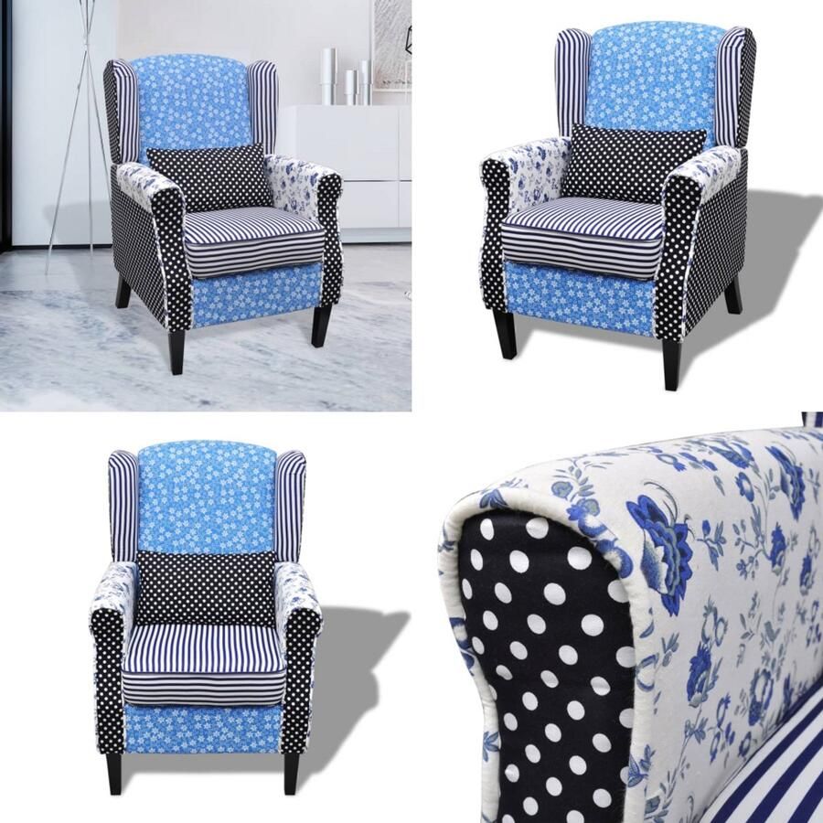 VidaXL Fauteuil met patchwork stof blauw grijs Fauteuils Stoel Stoelen