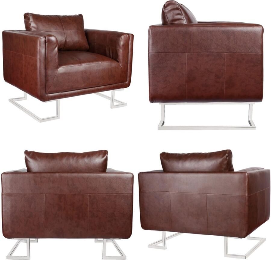 VidaXL Fauteuil met verchroomde poten kubus kunstleer bruin Fauteuils Stoel Stoelen