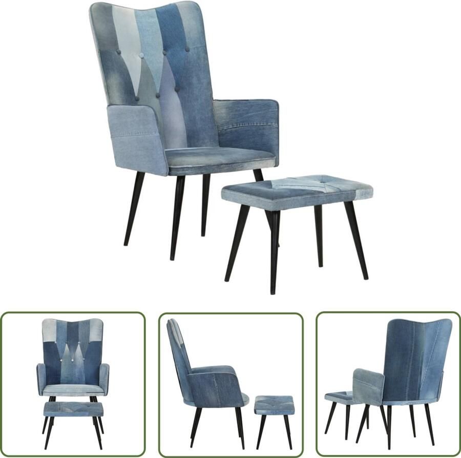 VidaXL Fauteuil met voetensteun patchwork canvas blauw denim