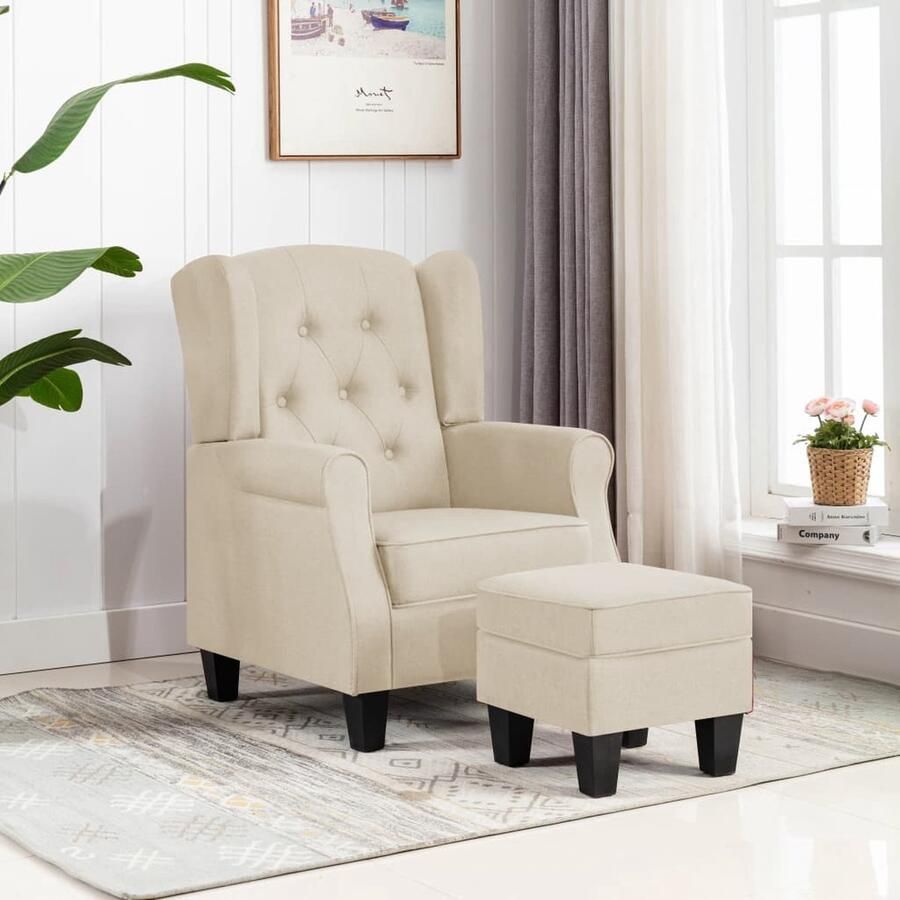 VidaXL Fauteuil met Voetenbank Crème Polyester Loungestok Fauteuil Relaxfauteuil Lounge Meubilair Woonkamer Meubels Creme Kleurige Bank Comfortabele Stoel Design Fauteuil Modern Fauteuil Voetenbank Zithoek - Foto 2