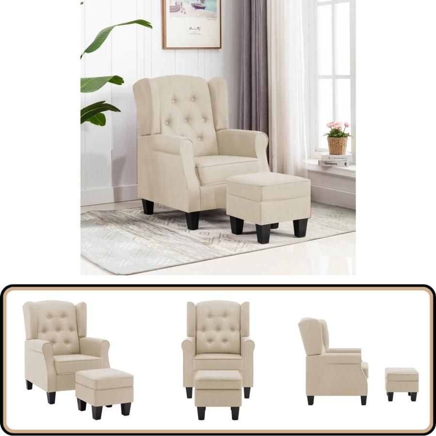 VidaXL Fauteuil met Voetenbank Crème Polyester Loungestok Fauteuil Relaxfauteuil Lounge Meubilair Woonkamer Meubels Creme Kleurige Bank Comfortabele Stoel Design Fauteuil Modern Fauteuil Voetenbank Zithoek