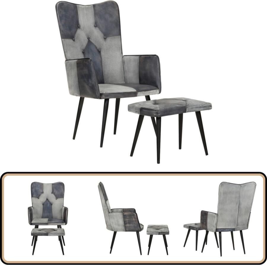 VidaXL Fauteuil met voetenbank Echt leer Grijs Loungeset Fauteuils Lederen Meubels Loungestoelen Fauteuil Met Voetbank