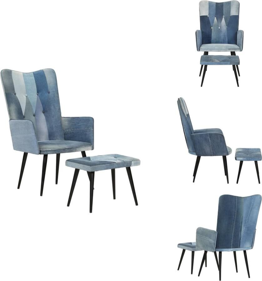 VidaXL Fauteuil Met Voetenbank Fauteuils Met Voetenbanken Zetel Met Voetenbankje Relaxstoel Fauteuil met voetensteun patchwork canvas blauw denim