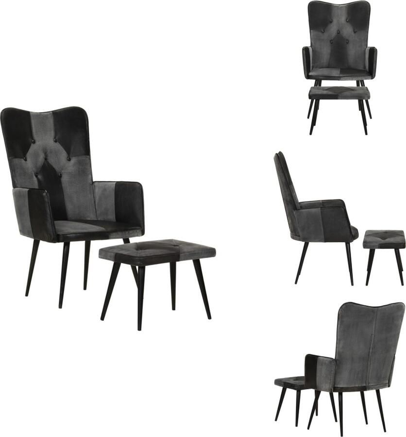 VidaXL Fauteuil Met Voetenbank Fauteuils Met Voetenbanken Zetel Met Voetenbankje Zetel Fauteuil met voetensteun echt leer en canvas zwart