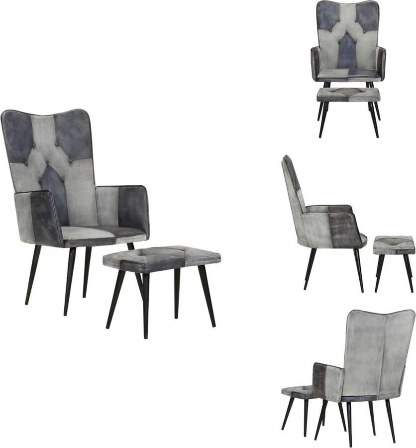 VidaXL Fauteuil Met Voetenbank Fauteuils Met Voetenbanken Zetel Met Voetenbankje Zetel Fauteuil met voetensteun echt leer en canvas grijs