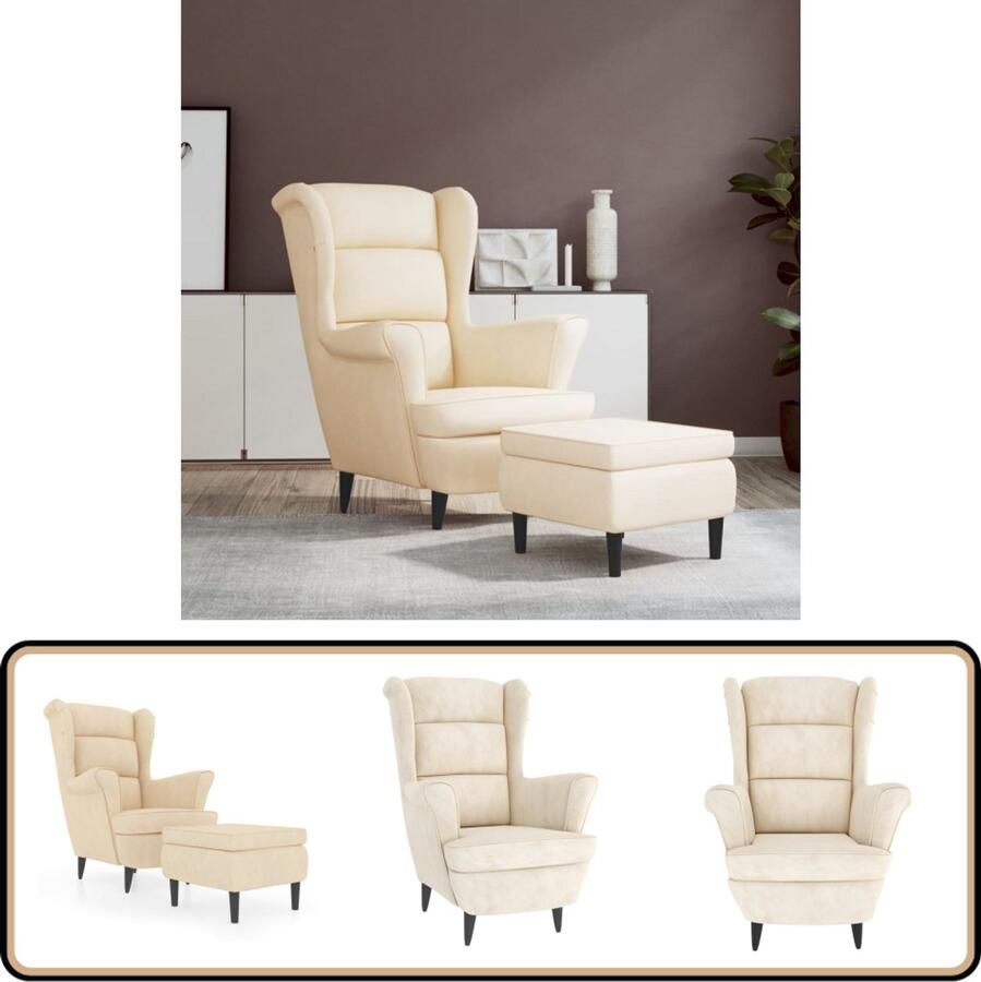 VidaXL Fauteuil met Voetenbank Fluweel Crèmekleurig Fauteuil Velvet Stoffen Meubilair Relaxstoel Lounge Stoel Kruk