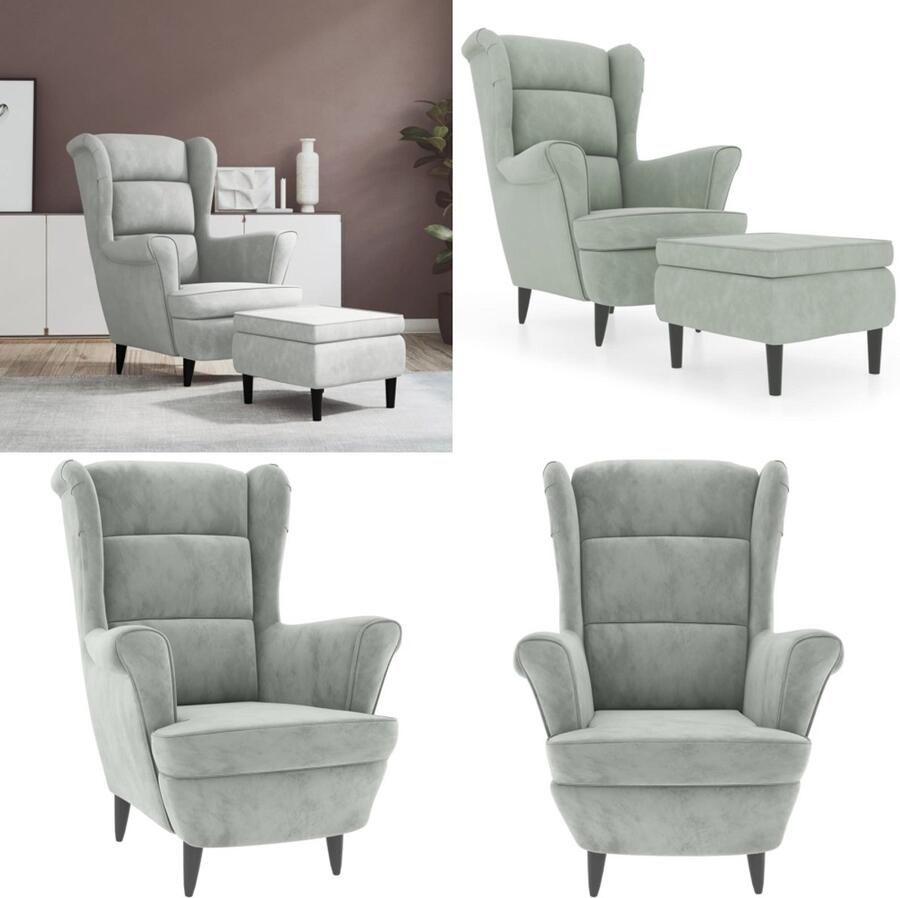 VidaXL Fauteuil met voetenbank fluweel lichtgrijs Armstoel Armstoelen Fauteuil Ruststoel