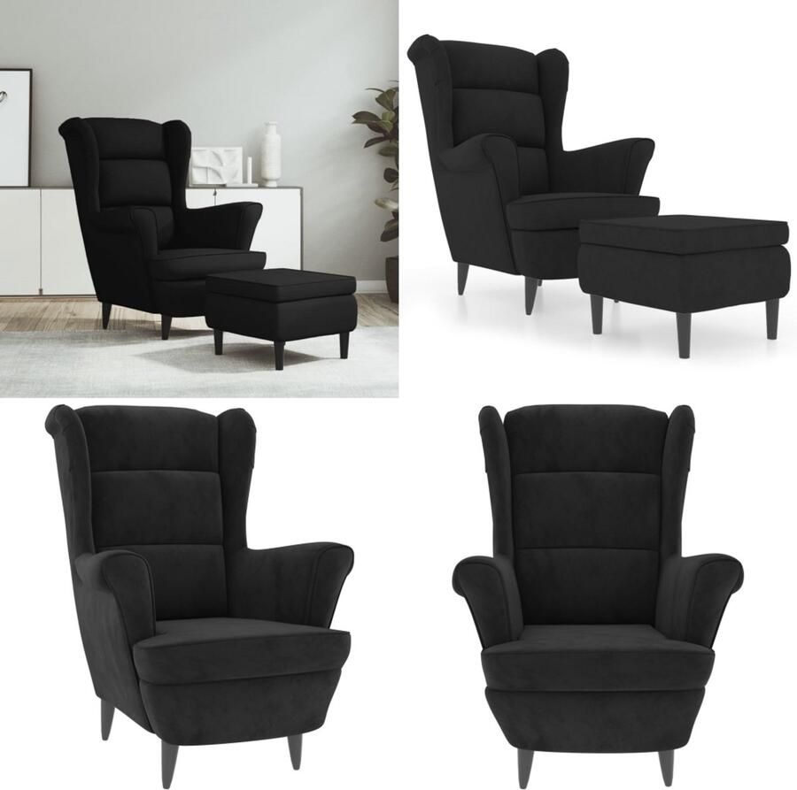 VidaXL Fauteuil met voetenbank fluweel zwart Armstoel Armstoelen Fauteuil Ruststoel
