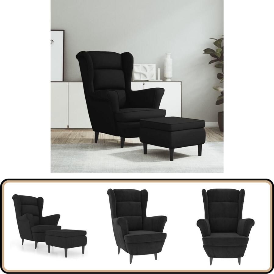 VidaXL Fauteuil met voetenbank Fluweel Zwart Fauteuil Relaxstoel Stoel Zitzak Woonkamer Meubilair - Foto 2