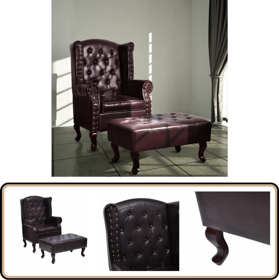 VidaXL Fauteuil met voetenbank Kunstleer Donkerbruin Chesterfield Fauteuil Vintage Fauteuil Lederlook Fauteuil Bruin Fauteuil Lounge Fauteuil
