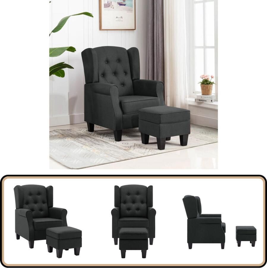 VidaXL Fauteuil met voetenbank Stof Donkergrijs Loungestok Fauteuils Loungemeubilair Relaxfauteuil Tuinlounge